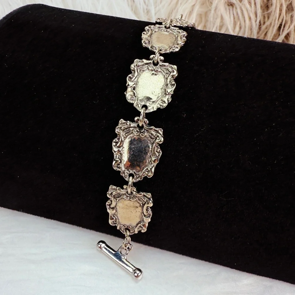 Ornate Silvertone Shield Link Bracelet Toggle Clasp Medieval Gothic Style